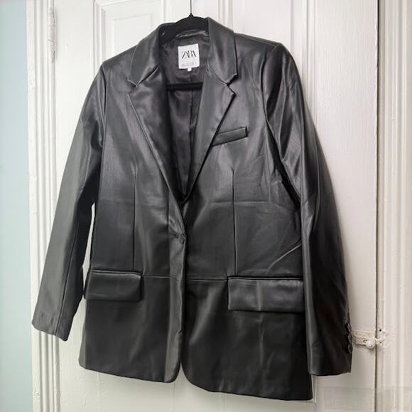 Zara Faux Leather Jacket Womens Large Black Button Front Long Sleeve Collared - Picture 1 of 9